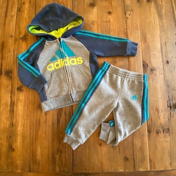 Adidas Hooded ￼Warm Up 2 Piece Outfit Gray Navy Teal Neon Green Sweatsuit Sz 12 - Picture 8 of 10